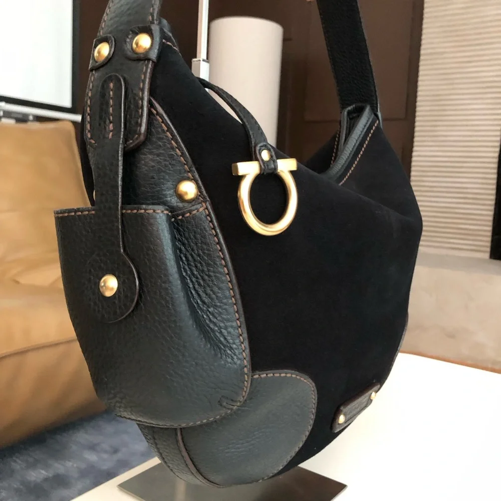 Salvatore Ferragamo Black Suede and Leather Shoulder Bag